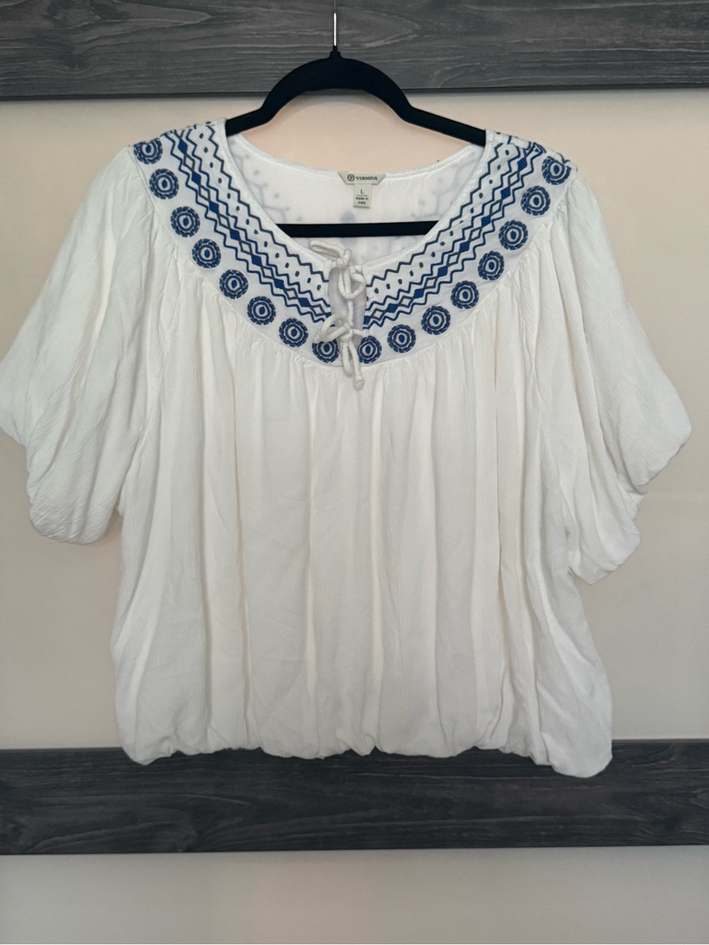 Versona White Boho Peasant Top with Blue Embroidery